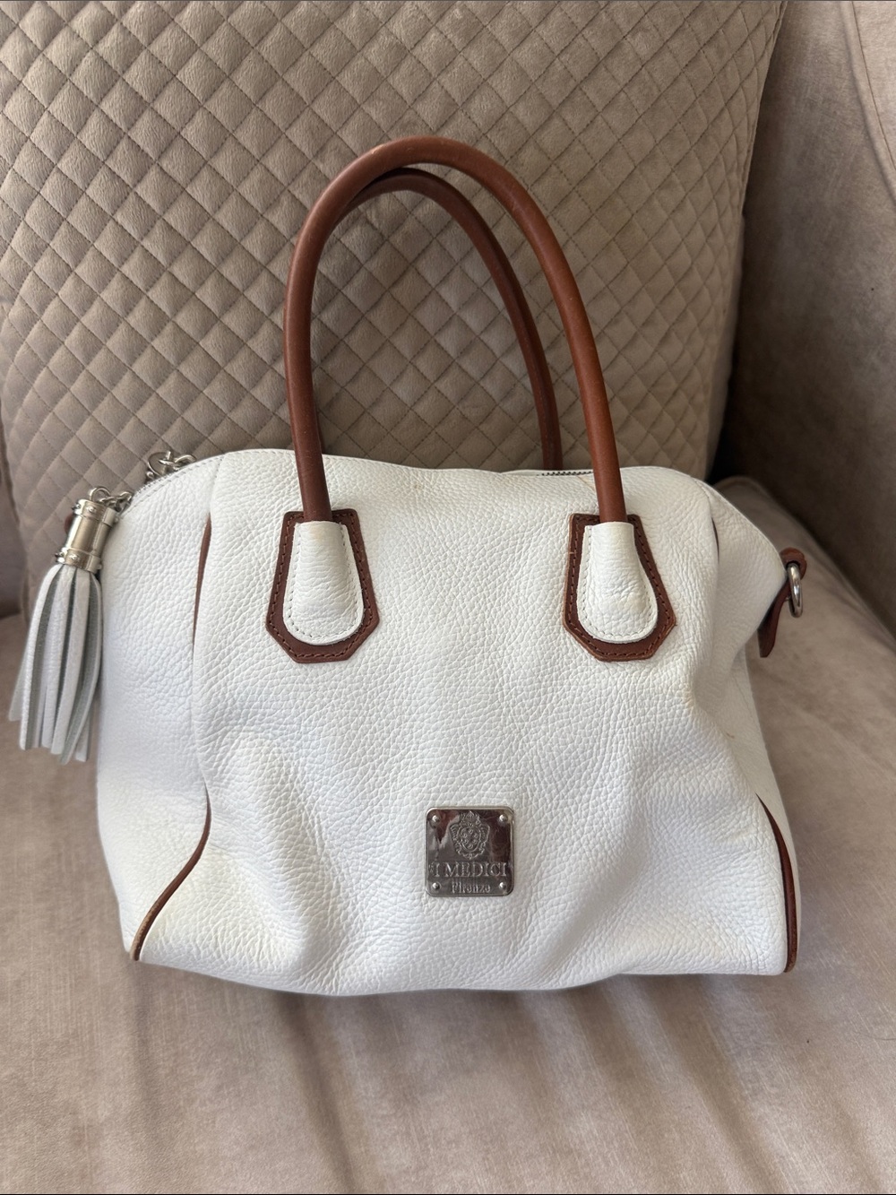White and Brown Leather Satchel Handbag by Il Bisonte